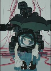 1girl animated black_hair black_shoes bob_cut cable crt disembodied_head fur-trimmed_jacket fur_trim glitch gloves highres hikimayu holding holding_umbrella jacket komugiko_2000 looking_at_viewer original radio_antenna reflective_floor shoes skirt solo sound standing static tagme television turning_head umbrella video white_gloves
