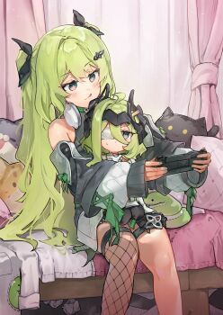 2girls :&lt; absurdres black_ribbon closed_mouth commentary_request curtains eyepatch feet_out_of_frame fishnet_thighhighs fishnets green_eyes green_hair grey_nails hair_between_eyes hair_ornament hair_ribbon hairclip hanaguruma_(hana96ma) handheld_game_console headphones headphones_around_neck highres holding honkai_(series) honkai_impact_3rd indoors klein_(honkai_impact) long_hair long_sleeves medical_eyepatch mobius_(honkai_impact) mobius_(razer)_(honkai_impact) multiple_girls nail_polish official_alternate_costume pillow puffy_long_sleeves puffy_sleeves ribbon seiza single_thighhigh sitting sitting_on_lap sitting_on_person sleeves_past_wrists stuffed_animal stuffed_cat stuffed_toy thighhighs tongue tongue_out two_side_up very_long_hair