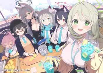 6+girls ahoge animal_ears ayane_(blue_archive) black_hair blue_archive blue_eyes breasts cat_ears cat_girl cleavage closed_eyes closed_mouth collared_shirt commentary_request cup foreclosure_task_force_(blue_archive) glasses green_eyes grey_hair halo highres holding holding_cup hoshino_(blue_archive) jacket large_breasts long_hair long_sleeves looking_at_viewer mismatched_pupils multiple_girls necktie nonomi_(blue_archive) official_art open_clothes open_jacket open_mouth pink_hair pointy_ears scarf school_uniform serika_(blue_archive) serika_(swimsuit)_(blue_archive) shiroko_(blue_archive) shiroko_terror_(blue_archive) shirt short_hair smile tam-u teeth upper_teeth_only white_shirt wolf_ears wolf_girl