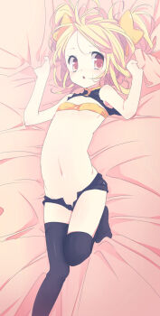 1girl bandeau bed bed_sheet blonde_hair female_focus flat_chest gen_4_pokemon loli lying midriff moemon nakamura_sandayo navel nintendo open_mouth personification pokemon red_eyes sheet_grab shinx solo strapless thighhighs tube_top unbuttoned