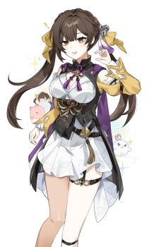 1girl absurdres bell black_dress blush breasts brown_hair commentary_request dress garter_straps hair_bell hair_ornament highres honkai:_star_rail honkai_(series) large_breasts looking_at_viewer open_mouth skirt solo sushang_(honkai:_star_rail) twintails umiinu_(umi_inu11) white_skirt yellow_eyes