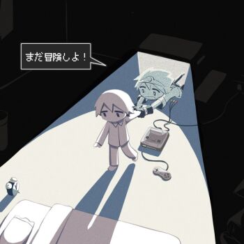 2boys :d avogado6 bright_pupils cable crt famicom famicom_gamepad futon game_console holding_own_arm jitome multiple_boys open_mouth original pajamas reaching smile standing static symbolism translation_request video_game white_pupils