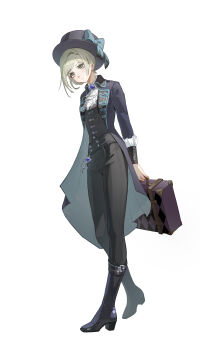 1girl absurdres arms_behind_back ascot black_boots black_coat black_hat black_pants black_vest blue_bow boater_hat boots bow coat collared_shirt commentary_request full_body grey_eyes grey_hair hair_bun hat hat_bow highres holding holding_suitcase looking_at_viewer pants qingyi_jiang reverse:1999 shirt single_side_bun smile solo suitcase vertin_(reverse:1999) vest waistcoat walking white_ascot white_background white_shirt