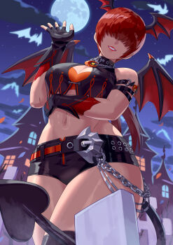 1girl bare_tree breasts cleavage commentary covered_eyes demon_girl demon_tail demon_wings hair_over_eyes halloween head_wings highres large_breasts lips lipstick long_hair looking_at_viewer makeup midriff mini_wings moon official_alternate_costume ponytail red_hair revision shermie_(kof) short_shorts shorts smile snk solo split_ponytail tail the_king_of_fighters the_king_of_fighters_all-stars thighs tree wings yagi2013