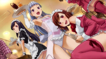 3girls aoba_tsugumi armpits cosplay enhanced kannagi maid multiple_girls nagi naruko_hanaharu official_art siblings sisters thighhighs tray waitress zange