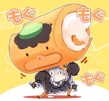 Rule 34 | 1girl, :t, absurdres, arms up, black jacket, blush, braid, breasts, brown eyes, chibi, closed mouth, colored shadow, commentary request, dress, eating, food, food on face, food request, grey dress, grey hair, hair between eyes, highres, jacket, kizuna akari, large breasts, long hair, long sleeves, low twintails, milkpanda, mini person, minigirl, open clothes, open jacket, orange pantyhose, pantyhose, puffy cheeks, puffy long sleeves, puffy sleeves, shadow, shirt, sleeves past fingers, sleeves past wrists, solid oval eyes, solo, standing, striped clothes, striped pantyhose, sweat, translation request, twin braids, twintails, two-tone background, vertical-striped clothes, vertical-striped pantyhose, very long hair, voiceroid, wavy mouth, white background, white shirt, yellow background