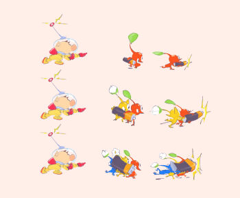 1boy ^^^ backpack bag battery big_nose black_eyes blowing_whistle blue_pikmin blue_skin brown_background brown_hair bud buttons closed_eyes colored_skin commentary english_commentary flower from_side gloves highres holding jason_lupas leaf leaning_forward lightning_bolt_symbol nintendo no_mouth olimar outstretched_arm oversized_object parted_lips pikmin_(creature) pikmin_(series) pointy_ears pointy_nose ramming red_bag red_gloves red_pikmin red_skin sequential shadow sharing short_hair simple_background spacesuit triangle_mouth very_short_hair white_flower yellow_pikmin yellow_skin