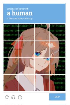 1girl ahoge blue_eyes brown_hair captcha collared_shirt english_text from_side hair_ribbon hashtag-only_commentary highres jacket long_hair neuro-sama portrait red_jacket red_ribbon ribbon selvha shirt solo two_side_up vedal_ai virtual_youtuber white_shirt