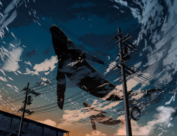 animal animal_focus cloud commentary flying_whale highres no_humans nor_ni original outdoors power_lines scenery sky sunset traffic_mirror utility_pole whale