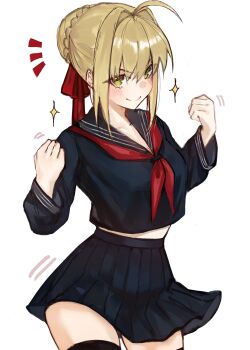 1girl absurdres ahoge black_shirt black_skirt black_thighhighs blonde_hair blush braid breasts fate/extra fate_(series) green_eyes hair_bun hair_intakes hair_ribbon highres large_breasts long_hair long_sleeves looking_at_viewer miniskirt navel neckerchief nero_claudius_(fate) nero_claudius_(fate/extra) pleated_skirt red_neckerchief red_ribbon ribbon sailor_collar school_uniform serafuku shirt sidelocks simple_background skirt smile solo sparkle standing thighhighs yellow_eyes yotsutsu428 zettai_ryouiki