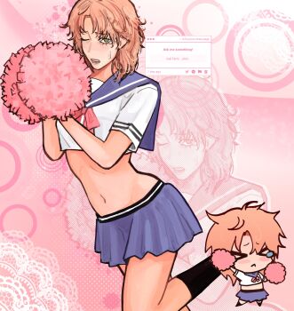 &gt;_&lt; 1girl absurdres blonde_hair blue_sailor_collar blue_skirt chainsaw_man cheerleader chibi chibi_inset crop_top crying crying_with_eyes_open famine_devil_(chainsaw_man) grey_eyes highres holding holding_pom_poms m1kuluvrr miniskirt navel one_eye_closed pom_pom_(cheerleading) pom_poms sailor_collar shirt skirt tears white_shirt