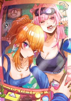 2girls absurdres alternate_costume bathroom blush breasts brushing_teeth cleavage commentary couple earrings english_commentary faucet feather_earrings feathers gradient_hair green_hair highres holding holding_toothbrush hololive hololive_english iris_(tb33064667) jewelry large_breasts long_hair looking_at_mirror messy_hair mirror mori_calliope morning multicolored_hair multiple_girls open_mouth orange_hair pink_hair purple_eyes reflection reflection_focus revision sink sleepy sports_bra takanashi_kiara toothbrush toothbrush_in_mouth virtual_youtuber waking_up
