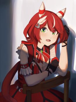 Rule 34 | 1girl, absurdres, animal ears, black gloves, blush, chair, dress, filled dress, gloves, green eyes, highres, horse ears, horse girl, looking at viewer, making-of available, neeevirus, open mouth, red dress, red hair, ribbon, sitting, sitting backwards, umamusume, win variation (dramatic tutu) (umamusume), win variation (umamusume)