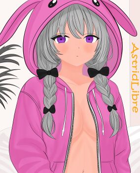 absurdres breasts grey_hair highres jacket non-web_source pink_jacket purple_eyes rabbit_girl white_background