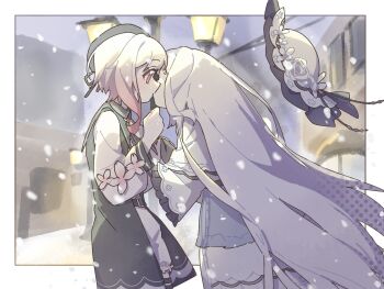 2girls beret black_hat border chinese_commentary commentary_request commission dress flower frilled_dress frills gradient_hair hat highres kiss lamppost long_hair long_sleeves looking_at_another mahou_shoujo_no_majo_saiban multicolored_hair multiple_girls outdoors pink_eyes profile sakuraba_ema second-party_source shilizi short_hair snow snowing spoilers tsukishiro_yuki unworn_hat unworn_headwear very_long_hair white_border white_dress white_flower white_hair white_hat wind winter yuri