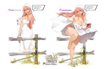 1girl artist_logo barefoot basket blue_eyes breasts cleavage commentary dress english_commentary english_text full_body hair_between_eyes highres holding holding_basket hu_dako huge_breasts logo long_hair looking_at_viewer multiple_views no_panties orange_eyes original speech_bubble white_dress