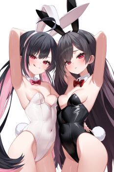 2girls :q absurdres ahoge animal_ears arm_up armpits arms_behind_head arms_up bare_arms bare_shoulders black_hair black_hairband black_leotard bow bowtie breasts closed_mouth commission covered_navel cowboy_shot detached_collar fake_animal_ears fake_tail gimseol hairband hand_on_another&#039;s_waist highleg highleg_leotard highres leotard long_hair looking_at_viewer multicolored_hair multiple_girls original parted_lips pink_hair playboy_bunny rabbit_ears rabbit_tail red_eyes simple_background small_breasts smile straight_hair strapless strapless_leotard swept_bangs tail thighs tongue tongue_out twintails two-tone_hair v-shaped_eyebrows very_long_hair white_background white_hairband white_leotard
