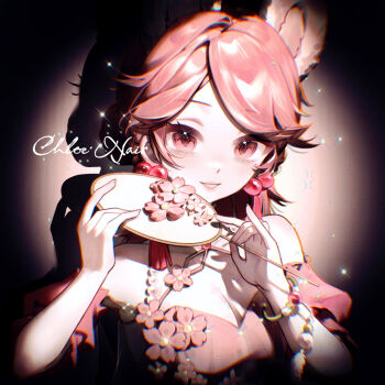 Rule 34 | 1girl, animal ears, artist request, bare shoulders, bracelet, breasts, character name, chinese commentary, cleavage, commentary request, commission, detached sleeves, earrings, flower, hand fan, holding, holding fan, horizontal spotlight, identity v, jewelry, lips, looking at viewer, medium breasts, medium hair, mole, mole under eye, official alternate costume, parted bangs, pink eyes, pink flower, pink hair, pink shirt, second-party source, shirt, smile, solo, tassel, tassel earrings, tuanshan, vera nair