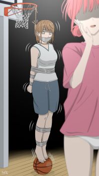2girls absurdres ao_no_hako arms_behind_back ball basketball_(object) basketball_uniform bdsm bondage bound chouno_hina chris_(pixiv_artist) gag gagged gym_shirt gym_shorts hanged highres imminent_death improvised_gag kano_chinatsu multiple_girls noose panties red_hair red_shirt shaking shirt shorts sportswear tape tape_bondage tape_gag tiptoes trembling underwear