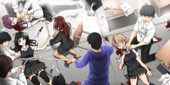 4girls 5boys belt black_hair black_legwear black_thighhighs blonde_hair blood blood_on_clothes blood_on_face brown_hair chair classroom commentary crazy death desk empty_eyes english_text erikku_(kata235) from_above injury knife multiple_boys multiple_girls original pantyhose paper polearm ponytail restrained sasumata school see-through_clothes see-through_legwear shoes thighhighs uwabaki weapon zettai_ryouiki