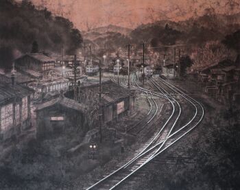 Rule 34 | absurdres, bare tree, day, evening, highres, house, landscape, no humans, orange sky, original, overhead line, painting (medium), rural, sky, sunset, tanamachi yoshihiro, town, track ballast, traditional media, traffic light, train station platform, tree, utility pole