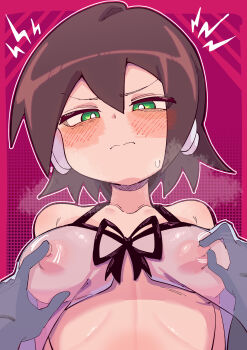 1girl absurdres aile_(mega_man_zx) babydoll bare_shoulders blush breasts breath brown_hair buzzlyears green_eyes highres mega_man_(series) mega_man_zx nipple_stimulation nipple_tweak nipple_tweak_through_clothes nipples purple_background robot_ears see-through_babydoll see-through_clothes simple_background small_breasts solo_focus upper_body