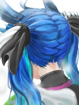 1girl ahoge animal_ears black_ribbon blue_hair facing_away from_behind hairband highres horse_ears horse_girl multicolored_hair multicolored_ribbon ribbon ricca_miz simple_background sweat twin_turbo_(blast_mode!_turbo_engine)_(umamusume) twin_turbo_(umamusume) twintails umamusume very_sweaty white_background white_ribbon