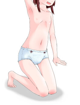 1girl arm_up barefoot bow bow_panties brown_hair cameltoe collarbone crotch_seam eyes_out_of_frame fangs flat_chest head_out_of_frame heragyu kneeling loli navel nipples open_mouth original panties red_bow short_hair smile teeth topless_female underwear waving white_background white_panties