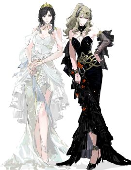 Rule 34 | 2girls, 9urodine, absurdres, armlet, bare arms, bare shoulders, black collar, black dress, black feathers, black gem, black hair, black shawl, black shoes, blonde hair, bracelet, breasts, choker, closed mouth, collar, detached sleeves, dress, dress flower, feather hair ornament, feathers, flower, full body, gem, gold tiara, gradient feathers, gradient hair, grey hair, hair ornament, halter dress, halterneck, hand on own hip, high heels, high ponytail, highres, jewelry, long dress, long hair, long sleeves, looking at another, looking to the side, medium breasts, multicolored hair, multiple girls, official alternate costume, official alternate hairstyle, ponytail, pumps, purple eyes, red eyes, red flower, ring, rose, saijo claudine, see-through clothes, see-through sleeves, shawl, shoes, shoujo kageki revue starlight, side slit, sidelocks, sideways glance, simple background, standing, tendo maya, tiara, two-tone feathers, two-tone hair, white background, white choker, white dress, white feathers, white flower, white rose, white shawl, white shoes, wrist cuffs