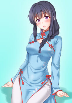 1girl alternate_costume anti_(untea9) ao_dai black_hair blue_dress blunt_bangs blush braid breasts cleavage_cutout clothing_cutout commentary_request cowboy_shot dress hair_over_shoulder hair_ribbon highres kantai_collection kitakami_(kancolle) medium_breasts narrow_waist open_clothes pants purple_eyes ribbon single_braid solo tress_ribbon white_pants