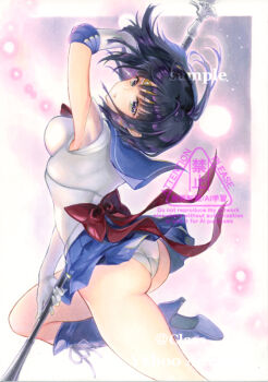 1girl ass at_classics back_bow bishoujo_senshi_sailor_moon black_hair bow choker commentary_request elbow_gloves gloves holding marker_(medium) panties purple_eyes purple_sailor_collar purple_skirt sailor_collar sailor_saturn sailor_senshi_uniform short_hair silence_glaive skirt solo star_(symbol) star_choker tomoe_hotaru traditional_media underwear white_gloves