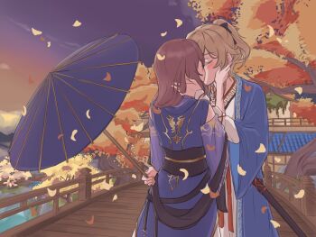 2girls alternate_costume architecture autumn autumn_leaves bare_shoulders belt black_bow black_sash blonde_hair blue_robe blush bow branch bridge brown_hair chinese_clothes closed_eyes clothing_cutout cloud cloudy_sky commentary covered_mouth cowboy_shot east_asian_architecture english_commentary evening from_behind genshin_impact gradient_sky hair_bow hand_on_another's_face hand_on_another's_head hand_up hanfu high_ponytail highres holding holding_umbrella house jean_(genshin_impact) kiss leaf lisa_(genshin_impact) liyue_harbor long_hair long_sleeves medium_hair mountain multiple_girls oil-paper_umbrella open_clothes open_robe orange_sky outdoors ponytail puffy_long_sleeves puffy_sleeves purple_hanfu purple_sky red_ribbon ribbon river robe sash shoulder_cutout sidelocks sky standing sword tree umbrella weapon white_hanfu wide_sleeves yellow_belt yurenn yuri