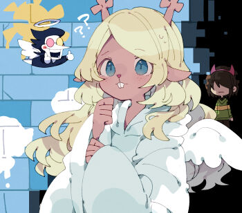 1boy 1girl 1other 2525nicc ? ?? angel_wings antlers blonde_hair blue_eyes brick buck_teeth colored_skin commentary_request deer_antlers deer_girl deltarune fake_horns furry furry_female green_shirt hairband halo heterochromatic_eyewear highres hooded_robe horn_hairband horns kris_(deltarune) long_hair noelle_holiday noelle_holiday_(dark_world) open_mouth pink-tinted_eyewear red_horns robe round_eyewear shirt short_hair single_horizontal_stripe smile spamton_g._spamton striped_clothes striped_shirt teeth thumbs_up tinted_eyewear utdr_(toby_fox) white_robe white_skin white_wings wings yellow-tinted_eyewear