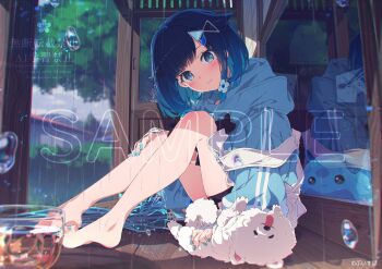 1girl barefoot blue_eyes blue_hair dog feet highres looking_at_viewer nail_polish ogipote rain sample_watermark sitting smile tsumugi_kokage virtual_youtuber vspo! watermark