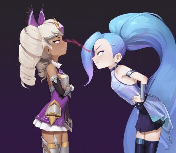 2girls aged_down annoyed armlet armor armored_boots bare_shoulders battle_queen_qiyana black_background black_sleeves blue_boots blue_eyes blue_hair blue_shirt blue_skirt boots bow bracelet breasts child clenched_teeth crossed_arms dark-skinned_female dark_skin detached_sleeves dress drill_hair eye_contact eyelashes feet_out_of_frame female_focus fingernails from_side gauntlets gradient_background hair_bow hands_on_own_hips henz_(ketchupp) highres jewelry k/da_all_out_seraphine_superstar league_of_legends leaning_forward long_hair looking_at_another looking_down looking_up matching_hair/eyes multiple_girls nail_polish official_alternate_costume ponytail profile purple_background purple_bow purple_dress purple_eyes purple_nails qiyana_(league_of_legends) seraphine_(league_of_legends) shirt simple_background skirt sleeveless sleeveless_dress sleeveless_shirt small_breasts standing teeth thigh_boots tiara twin_drills two-tone_background two-tone_dress very_long_hair white_dress white_hair