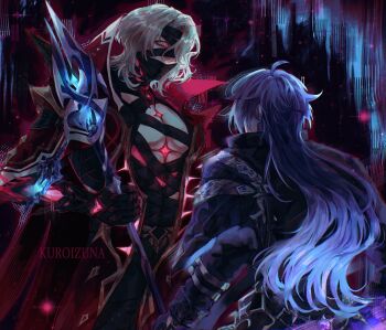 2boys ahoge bandaged_chest bandaged_head bandaged_neck bandaged_torso bandages black_bandages blue_hair claws commentary covered_mouth english_commentary faceless faceless_male flins_(genshin_impact) genshin_impact highres holding holding_polearm holding_weapon kuroizuna lantern long_sleeves looking_at_another male_focus multiple_boys pink_eyes polearm rerir_(genshin_impact) weapon white_hair