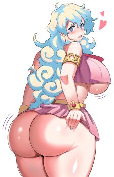 1girl absurdres armlet ass blue_eyes blush bracelet breasts crop_top curly_hair curvy heart highres huge_ass huge_breasts jewelry long_hair looking_at_viewer looking_back motion_lines nia_teppelin no_panties open_mouth skirt smile solo symbol-shaped_pupils tengen_toppa_gurren_lagann thick_thighs thighs underboob unusual_pupils white_background wide_hips ytrall