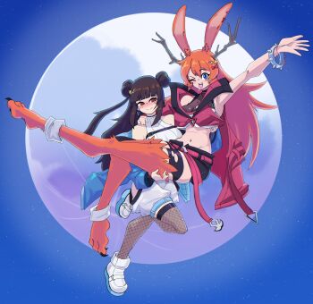 2girls absurdres animal_feet antlers arm_around_shoulder bangle belt black_shorts blue_eyes blue_jacket blush borrowed_character bracelet brown_hair carrying carrying_person claws closed_mouth doce dress earrings eleanor_(kazvalech) female_focus fishnet_thighhighs fishnets hair_between_eyes hair_bun hair_ornament highres horns jacket jewelry lollipop_in_mouth long_hair looking_at_viewer midriff moon multiple_girls navel night night_sky one_eye_closed open_clothes open_jacket open_mouth orange_hair original pink_jacket princess_carry rabbit_ears red_eyes shoes short_shorts shorts sky sleeveless sleeveless_dress smile spiked_bracelet spikes thighhighs white_shoes wink