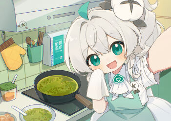 Rule 34 | 1girl, :d, ahoge, alternate costume, apron, blue eyes, cleaning rag, commentary request, cup, dress, flower, food, gloves, green apron, green eyes, green hair, hair between eyes, hair ornament, highres, holding, indoors, kitchen, long hair, looking at viewer, open mouth, plate, quanmian shidai, reaching, reaching towards viewer, refrigerator, selfie, short sleeves, side ponytail, smile, solo, wen xiaomian, wenxiaomian family, white hair