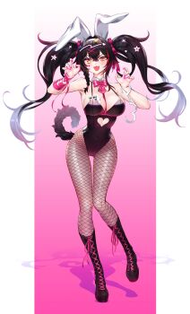 1girl :d absurdres ace_(playing_card) ace_of_hearts alternate_costume alternate_hairstyle animal_ears black_boots black_hair black_leotard boots bow bowtie braid braided_sidelock breasts card cleavage clothing_cutout commentary crossed_bangs cuffs cutout_above_navel detached_collar fake_animal_ears fang fishnet_pantyhose fishnets full_body gluteal_fold hair_ornament hairband handcuffs hands_up heart heart-shaped_pupils heart_cutout heart_hair_ornament highleg highleg_leotard highres hololive knee_boots knees_together_feet_apart lace-up_boots large_breasts leotard long_hair looking_at_viewer multicolored_hair nail_polish nono_hashi ookami_mio open_mouth pantyhose pink_bow pink_bowtie pink_nails pink_pupils playboy_bunny playing_card rabbit_ears rabbit_hole_(vocaloid) red_hair sidelocks skin_fang smile solo star_(symbol) star_hair_ornament straight-on streaked_hair symbol-shaped_pupils tail teardrop_facial_mark twintails very_long_hair virtual_youtuber white_hair white_hairband wolf_ears wolf_girl wolf_tail x_hair_ornament yellow_eyes