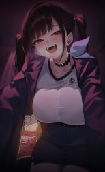 1girl absurdres belt black_choker black_hair black_skirt blister_pack blue_ribbon blunt_bangs blush bra bra_visible_through_clothes breasts choker collarbone commentary condom condom_packet_strip condom_wrapper cowboy_shot earrings english_commentary fang goddess_of_victory:_nikke hair_tie heart heart_in_eye highres jewelry lace lace-trimmed_bra lace_trim large_breasts logo looking_at_viewer open_clothes open_mouth pantyhose pencil_skirt pill red_eyes ribbon seehyun1031 shirt single_sidelock skirt smile solo sora_(nikke) steam symbol_in_eye tongue twintails underwear white_pantyhose white_shirt