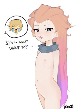 1girl :3 arms_behind_back artist_name blue_eyes blush english_text female_focus flat_chest gradient_hair heterochromia kyu-z league_of_legends loli long_hair looking_at_viewer meme multicolored_hair navel nipples nude open_mouth orange_hair purple_eyes scarf smile solo talking uohhhhhhhhh!_(meme) very_long_hair white_background zoe_(league_of_legends)