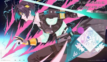 1boy absurdres armor asaba_harumasa asaba_harumasa_(cat) asaboo_(zenless_zone_zero) bangboo_(zenless_zone_zero) black_choker black_hair black_necktie black_pants choker clothes_around_waist commentary_request ear_piercing earrings electricity from_side gloves headband highres jewelry leaning_forward male_focus naru9 necktie pants parted_lips partially_fingerless_gloves pendant_choker piercing shirt short_hair shoulder_armor sleeves_rolled_up solo target white_shirt yellow_eyes yellow_gloves yellow_headband zenless_zone_zero