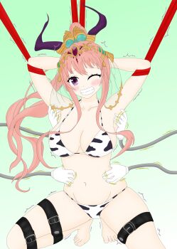 1girl belt black_belt blush breasts cow_print cow_print_bikini full_body green_background grin large_breasts navel pink_hair ponytail print_bikini restrained smile solo teeth tickling
