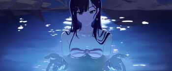 1girl absurdres black_hair bluecloud137 breasts collarbone commentary_request completely_nude highres honkai:_star_rail honkai_(series) hysilens_(honkai:_star_rail) i&#039;ll_teach_you_everything_(chainsaw_man) long_hair looking_at_viewer medium_breasts night nude partially_submerged pool scene_reference smile solo very_long_hair wet