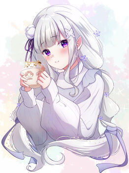 1girl absurdres blunt_bangs blush braid closed_mouth cup emilia_(re:zero) flower hair_flower hair_ornament hair_ribbon highres holding holding_cup long_hair long_sleeves looking_at_viewer mug pointy_ears purple_eyes purple_ribbon rain_re_a re:zero_kara_hajimeru_isekai_seikatsu ribbon rose smile solo sweater twin_braids upper_body white_flower white_hair white_rose white_sweater x_hair_ornament