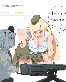 Rule 34 | 2girls, bare arms, blonde hair, breasts, cleavage, clothes around waist, dog tags, english text, garrison cap, girls' frontline, green jacket, gun, hand on own hip, hat, highres, holding, holding gun, holding weapon, jacket, jacket around waist, large breasts, long hair, looking at another, m2hb (girls' frontline), machine gun, mg42, mg42 (girls' frontline), military hat, mixed-language commentary, multiple girls, necktie, open mouth, parody, pointing, purple eyes, red eyes, request inset, shirt, signature, sleeveless, sleeveless shirt, speech bubble, todoroki mushi, translation request, twintails, weapon, white hair, white shirt