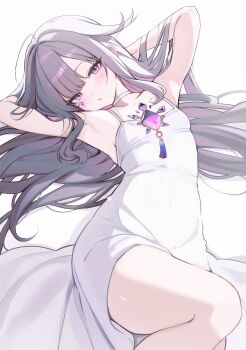 1girl absurdres armpits arms_behind_head chest_jewel choker closed_mouth colored_inner_hair commentary covered_navel dress flat_chest gem grey_hair hair_flaps highres hololive hololive_english jewel_under_eye koahri koseki_bijou long_hair looking_at_viewer lying multicolored_hair on_back pink_hair pout purple_eyes purple_gem sidelocks simple_background sleeveless sleeveless_dress solo spaghetti_strap very_long_hair virtual_youtuber white_background white_choker white_dress