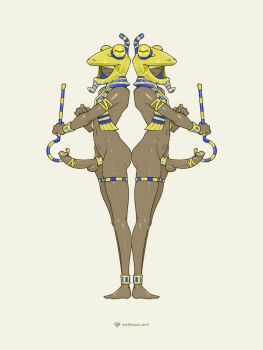 2boys ancient_egyptian_clothes animal_hood anklet ass-to-ass cock_ring commentary dark_skin erection frog_hood full_body highres hood jewelry multiple_boys original sex_toy simple_background smile staff standing symbol-only_commentary tailbox thighlet white_background