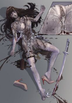 1girl absurdres bleeding blood censored china_dress chinese_clothes commission corpse death dress gun guro high_heels highres holster hua_diemeng long_hair necrophilia nullchan panties peeing pixiv_commission sword thigh_holster underwear very_long_hair weapon